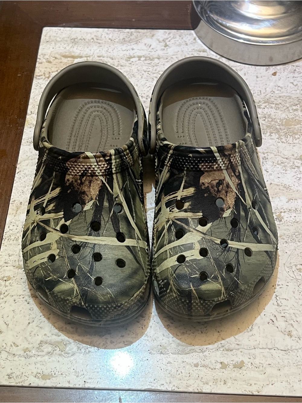 CROCS Kids Camo Slip-On Sandals in Olive and Brown
